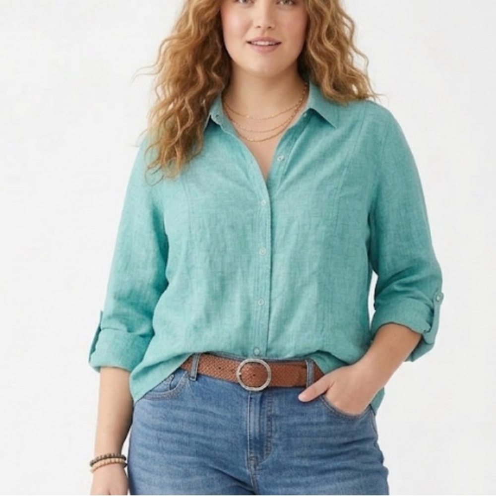 Coldwater Creek 100% Linen Button-Up Shirt Teal Green XL Roll-Tab Sleeves